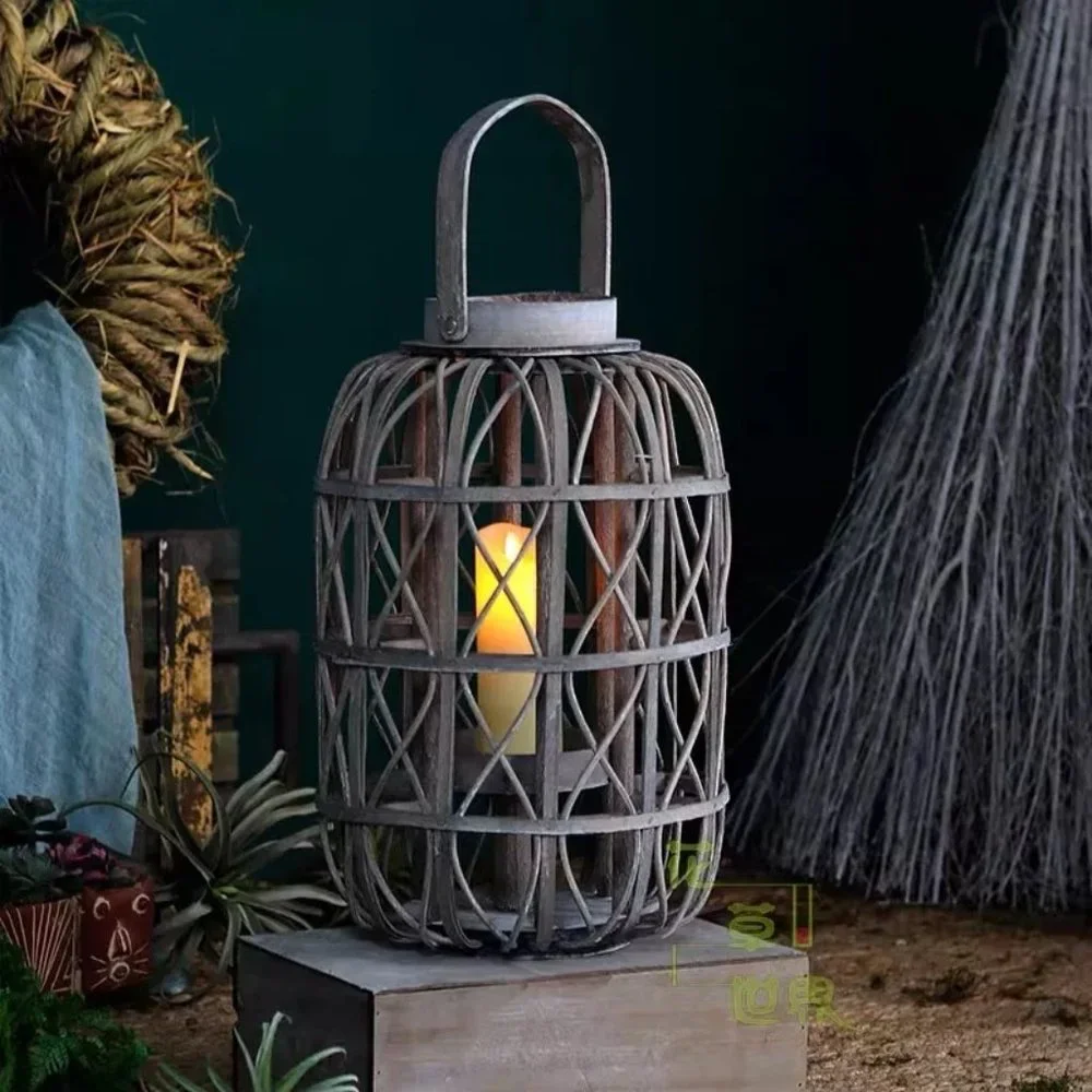 Rustic Farmhouse Decor (4-Pack) Large Wooden Lantern Woven Willow